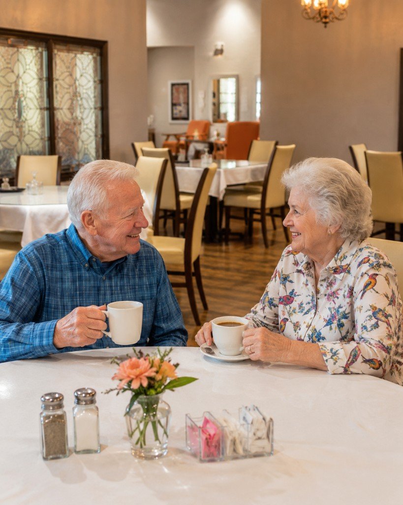 A senior couple smiling over coffee in the community dining room